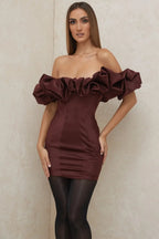 Burgundy Satin Ruffle Strapless Mini Dress Flowering Girl
