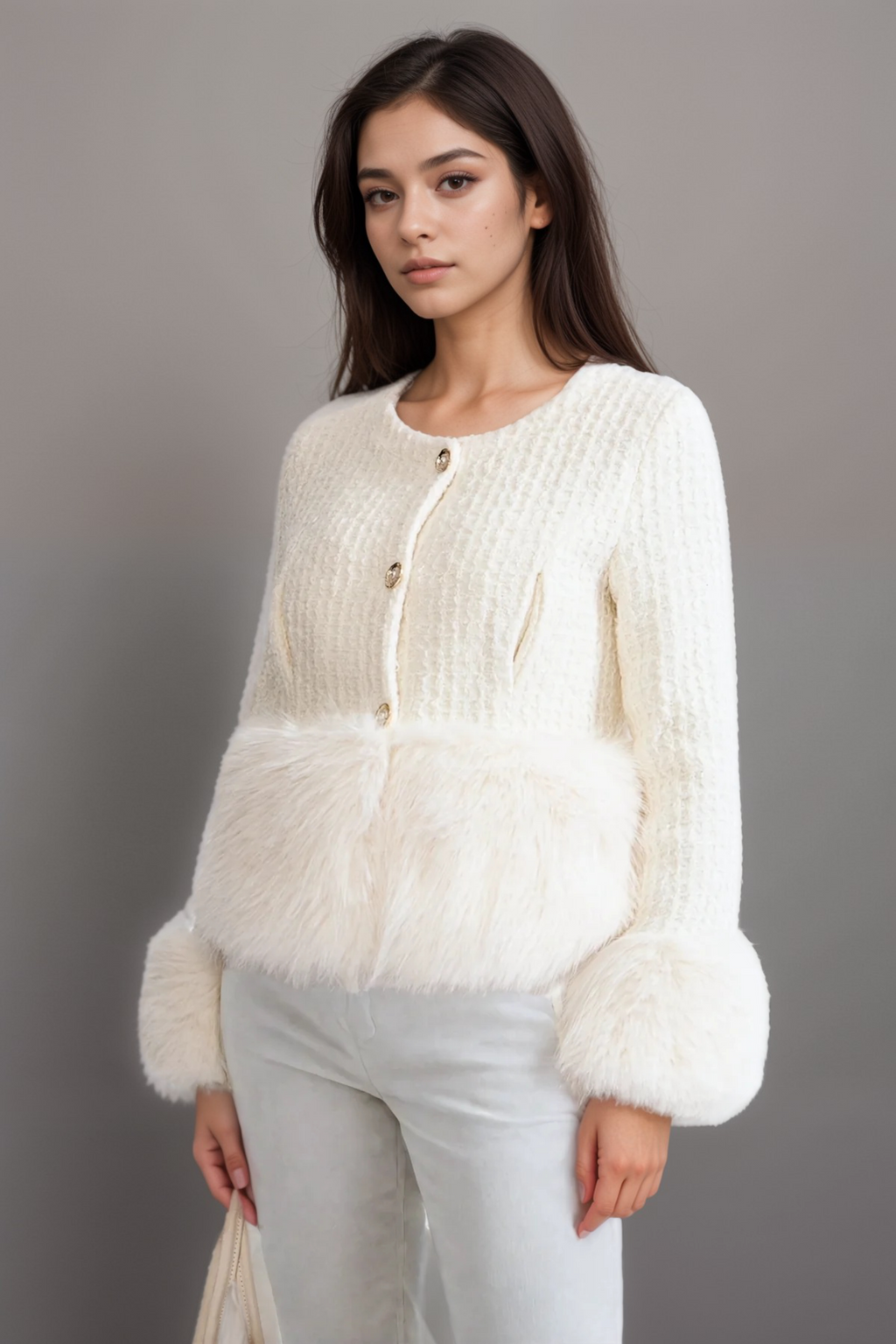 Tweed Jacket Withfaux Fur Accents Flowering Girl