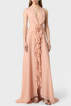 Aonaver Floral Ruffle Halter Maxi Dress - Pink Flowering Girl