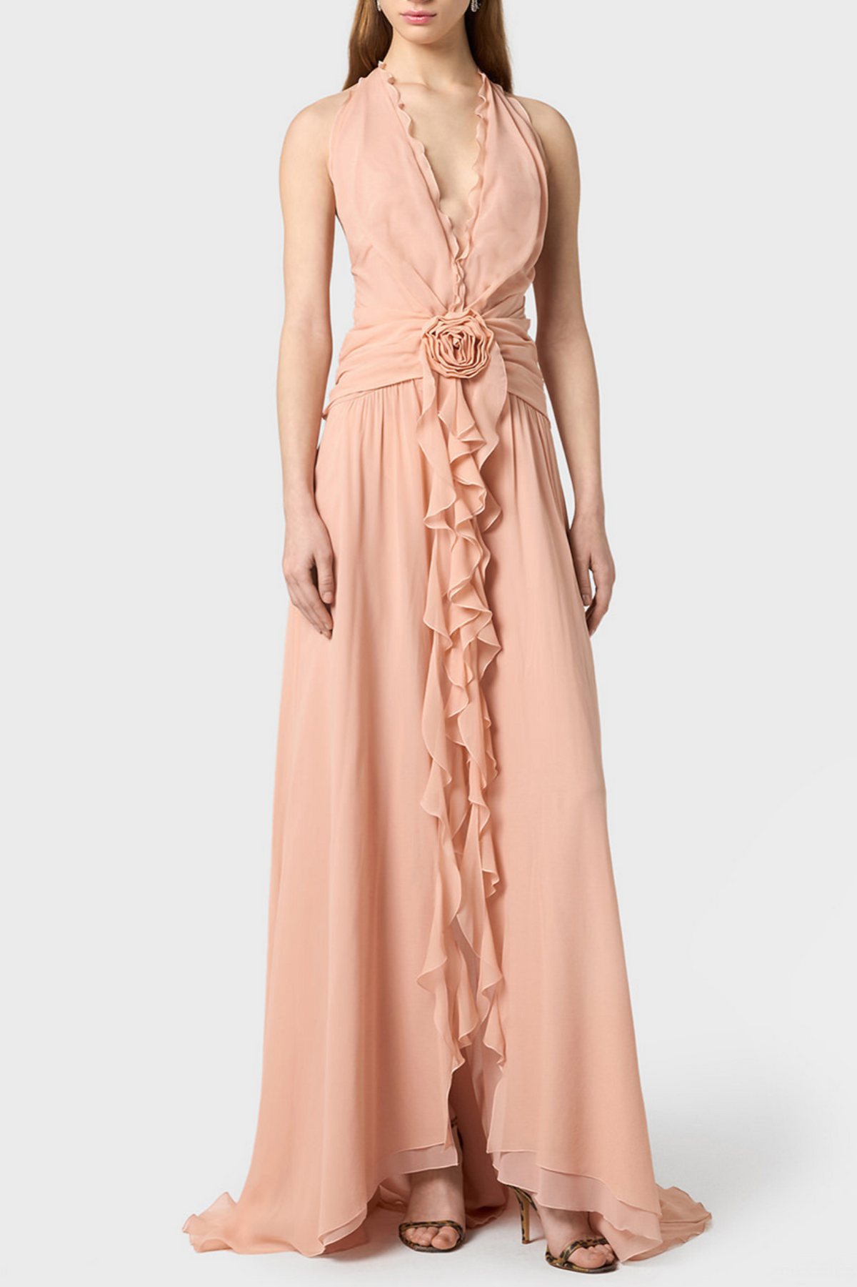 Aonaver Floral Ruffle Halter Maxi Dress - Pink Flowering Girl