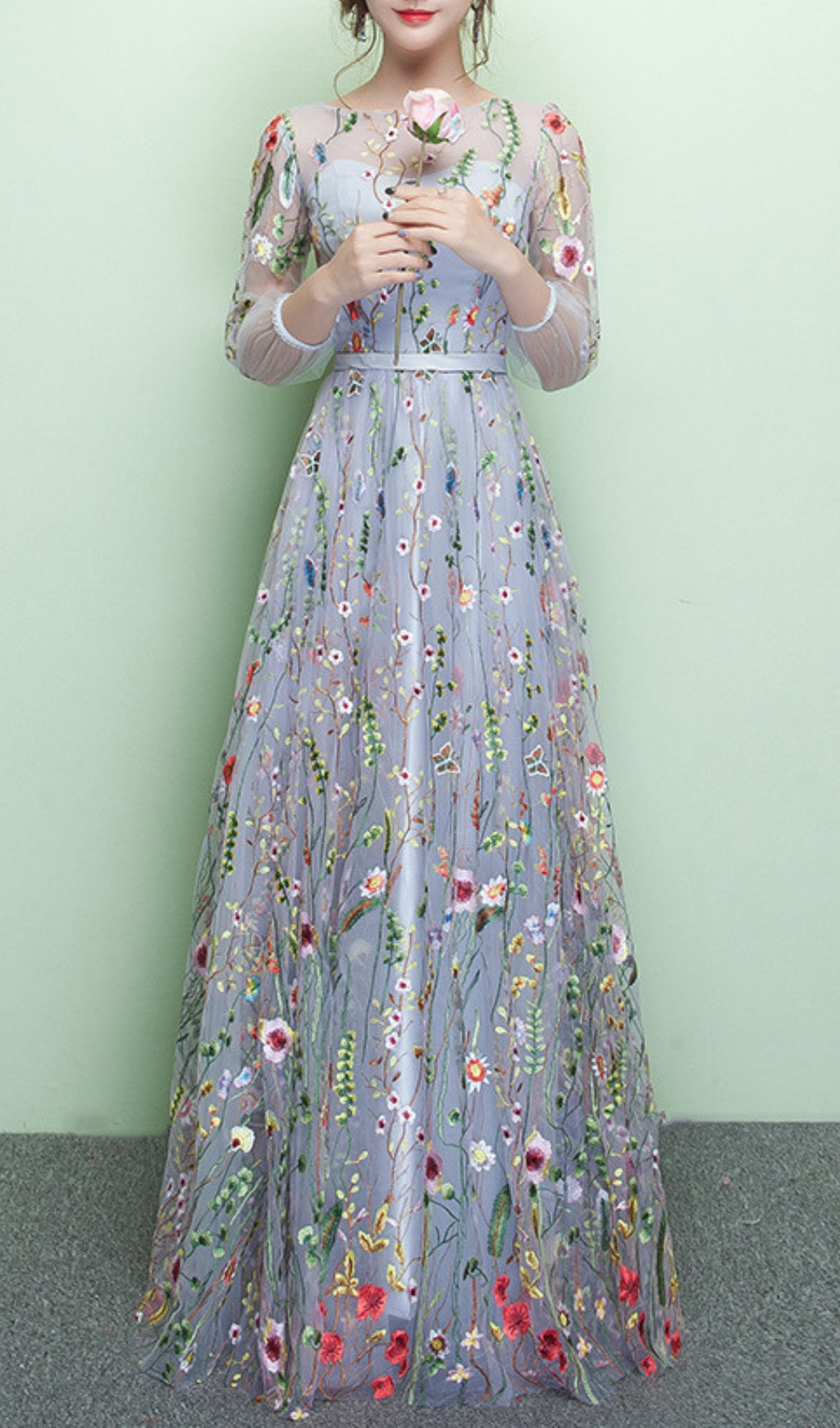 Dannell Gray Flower Mesh Sleeve Maxi Dress Flowering Girl