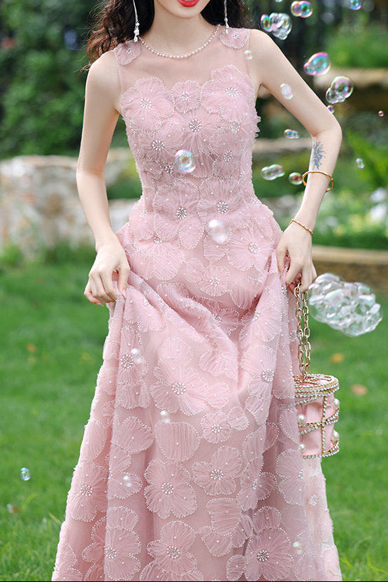 Pink 3D Floral Beaded Maxi Dress Flowering Girl