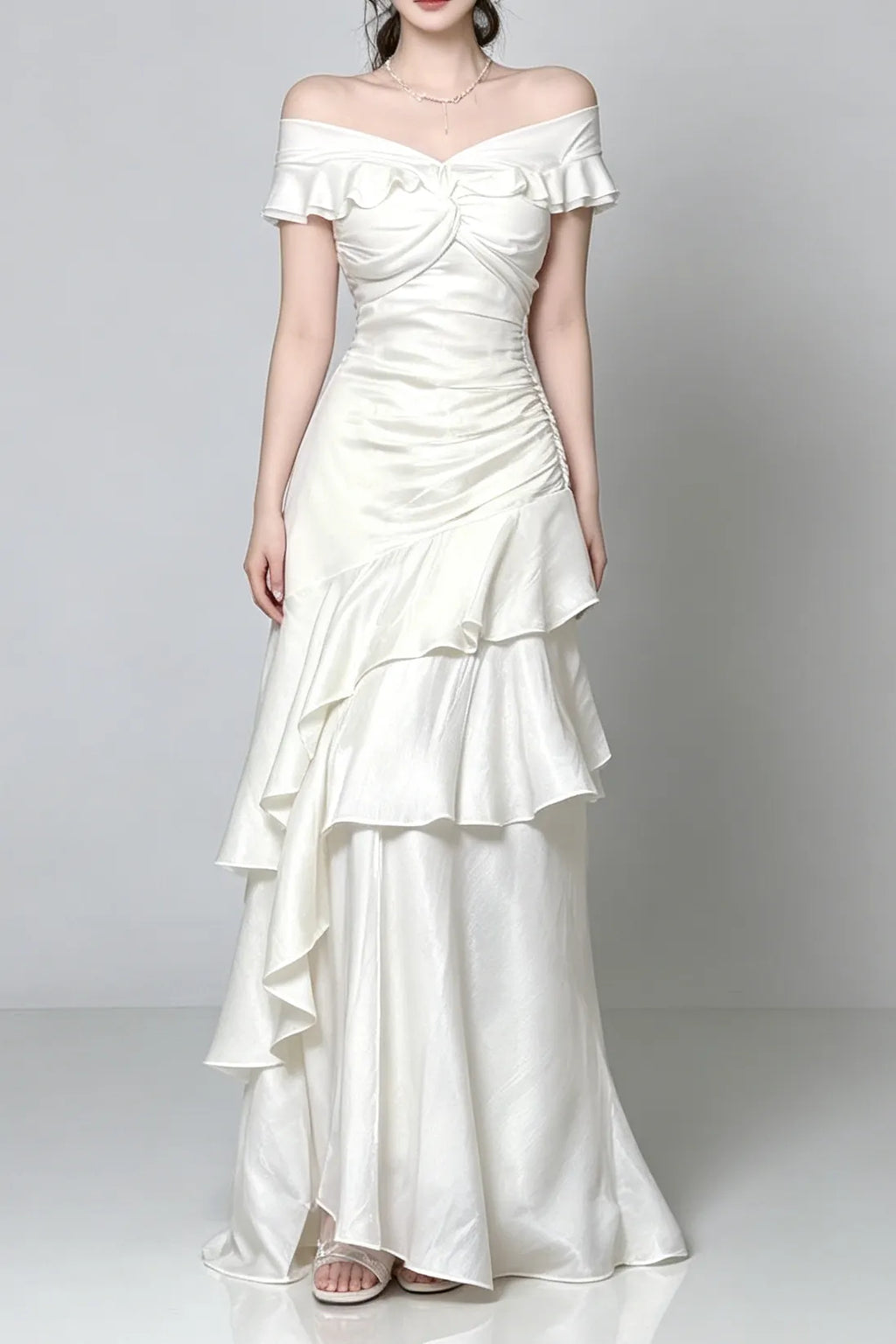 Off Shoulder Twist Ruched Tiered Ruffle Satin Maxi Dress Flowering Girl