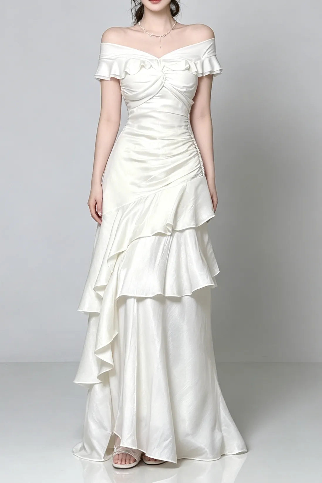 Off Shoulder Twist Ruched Tiered Ruffle Satin Maxi Dress Flowering Girl