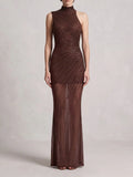 Asymmetric Embellished Maxi Dress Brown Flowering Girl