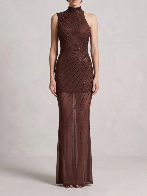 Asymmetric Embellished Maxi Dress Brown Flowering Girl