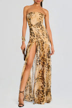 Shmaka Leopard Print Strapless Slit Maxi Dress Flowering Girl