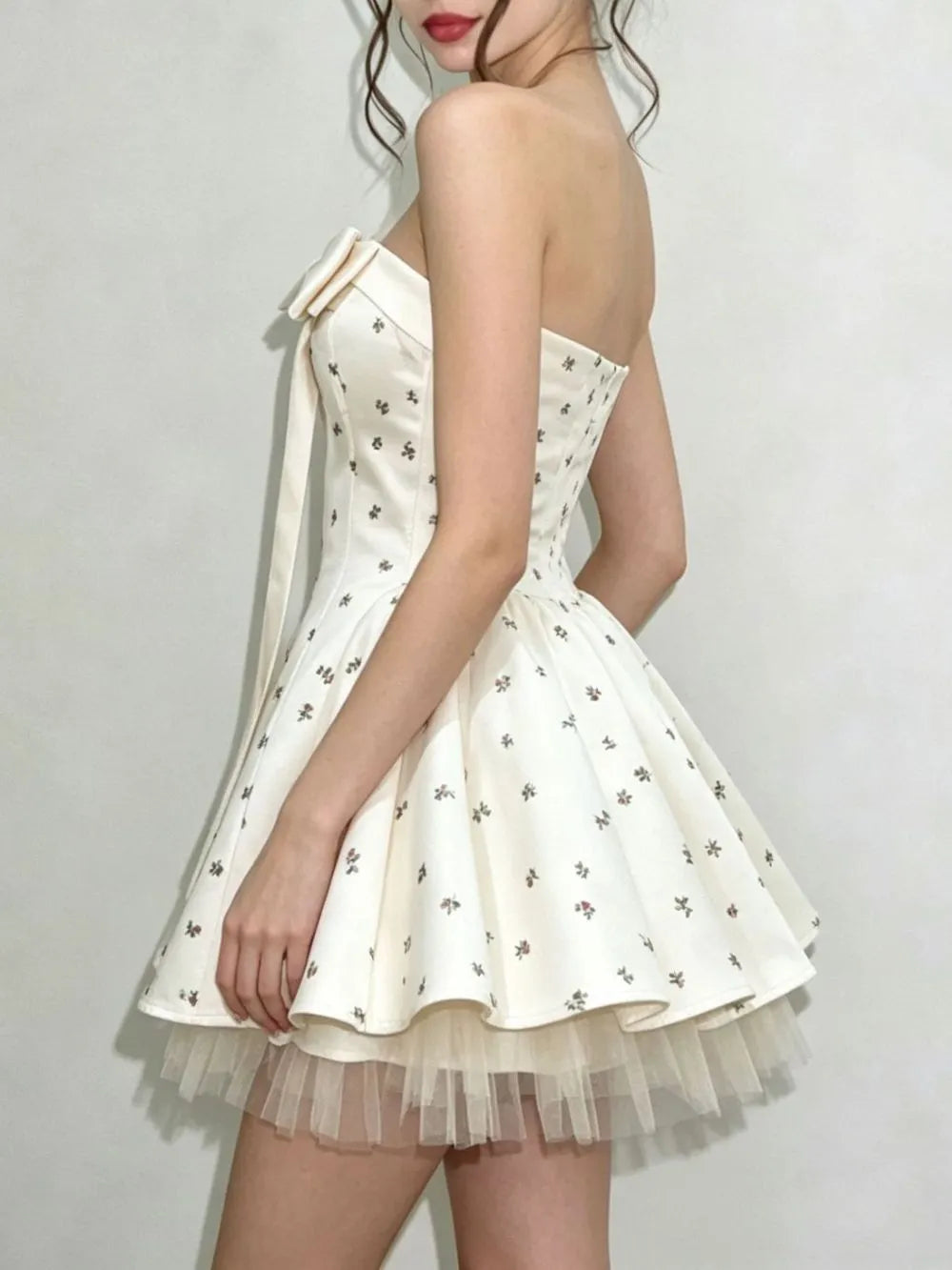 Iola Strapless Bowknot Floral Mini Dress Flowering Girl
