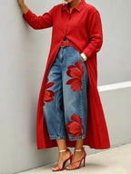 Long Shirt Paired With a Floral Wide-Leg Denim Trouser Set Flowering Girl