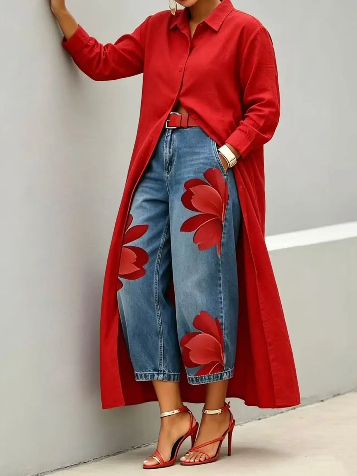 Long Shirt Paired With a Floral Wide-Leg Denim Trouser Set Flowering Girl
