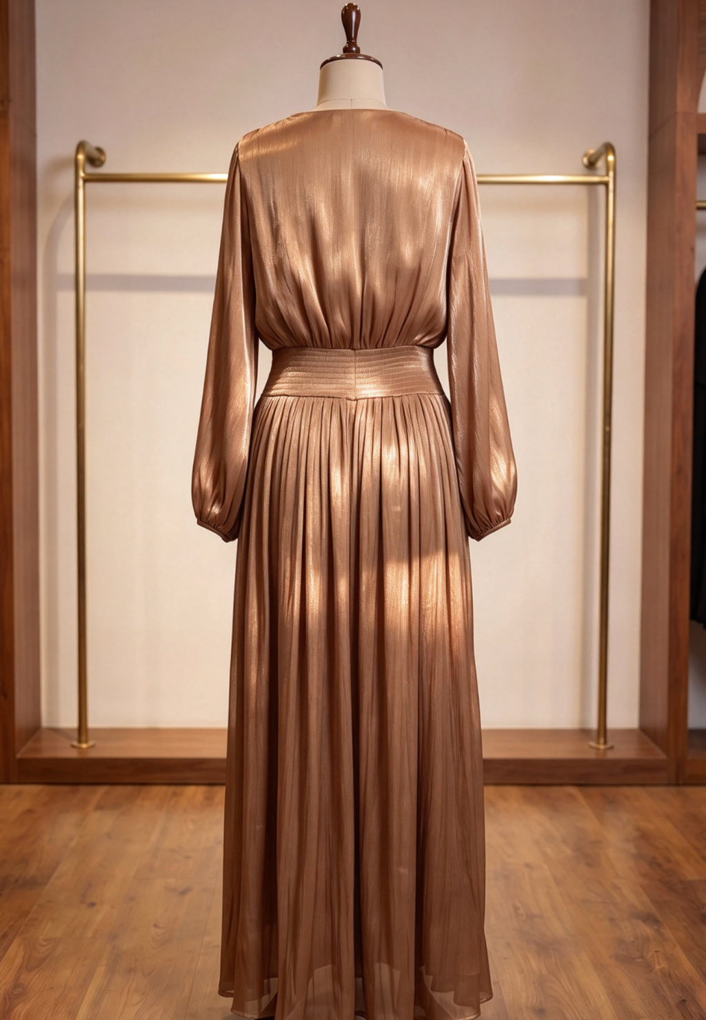 Bronze Brown Pleated Satin-Georgette Blend Maxi Dress Flowering Girl