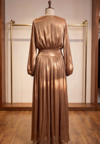 Bronze Brown Pleated Satin-Georgette Blend Maxi Dress Flowering Girl