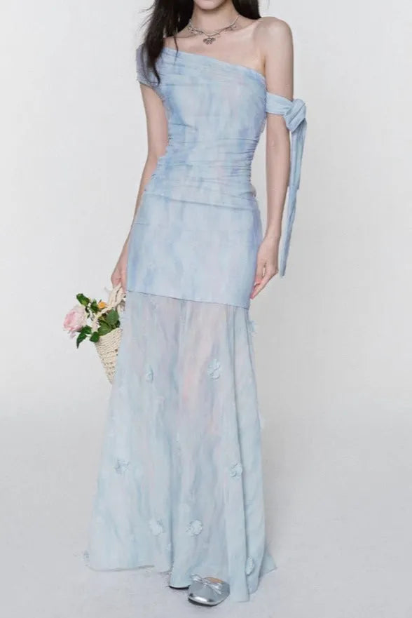 Rosalind One-Shoulder Pleated Slim Maxi Dress In Blue Flowering Girl