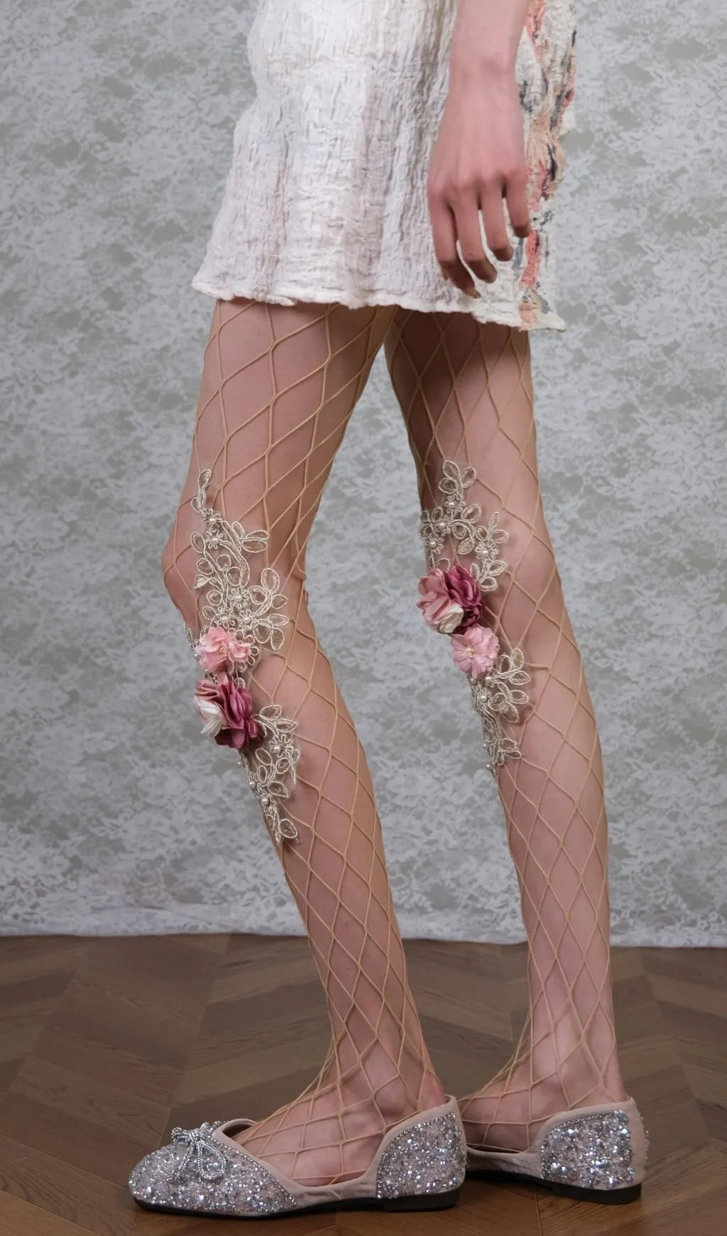 Floral Embroidered Tights With 3D Flowers & Pearls Flowering Girl