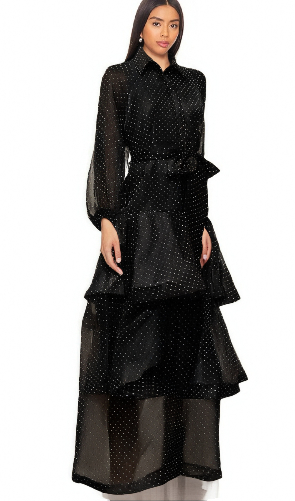 Clémence black polka-dot tiered midi dress Flowering Girl