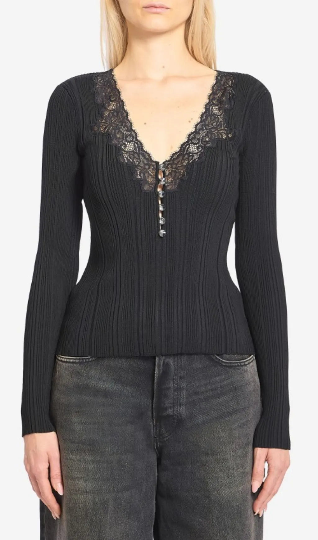 Hulda Black V-Neck Lace Knit Top Flowering Girl