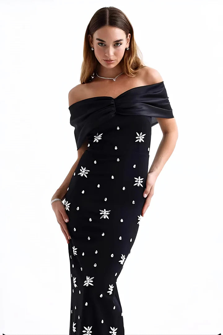 draped bardot crystal detail maxi dress in black Flowering Girl