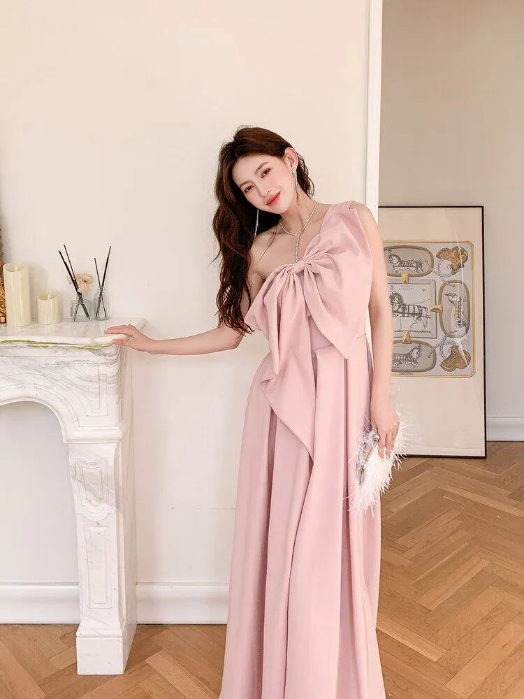 Dolores Oversized Bow Strapless Maxi Dress-Pink Flowering Girl