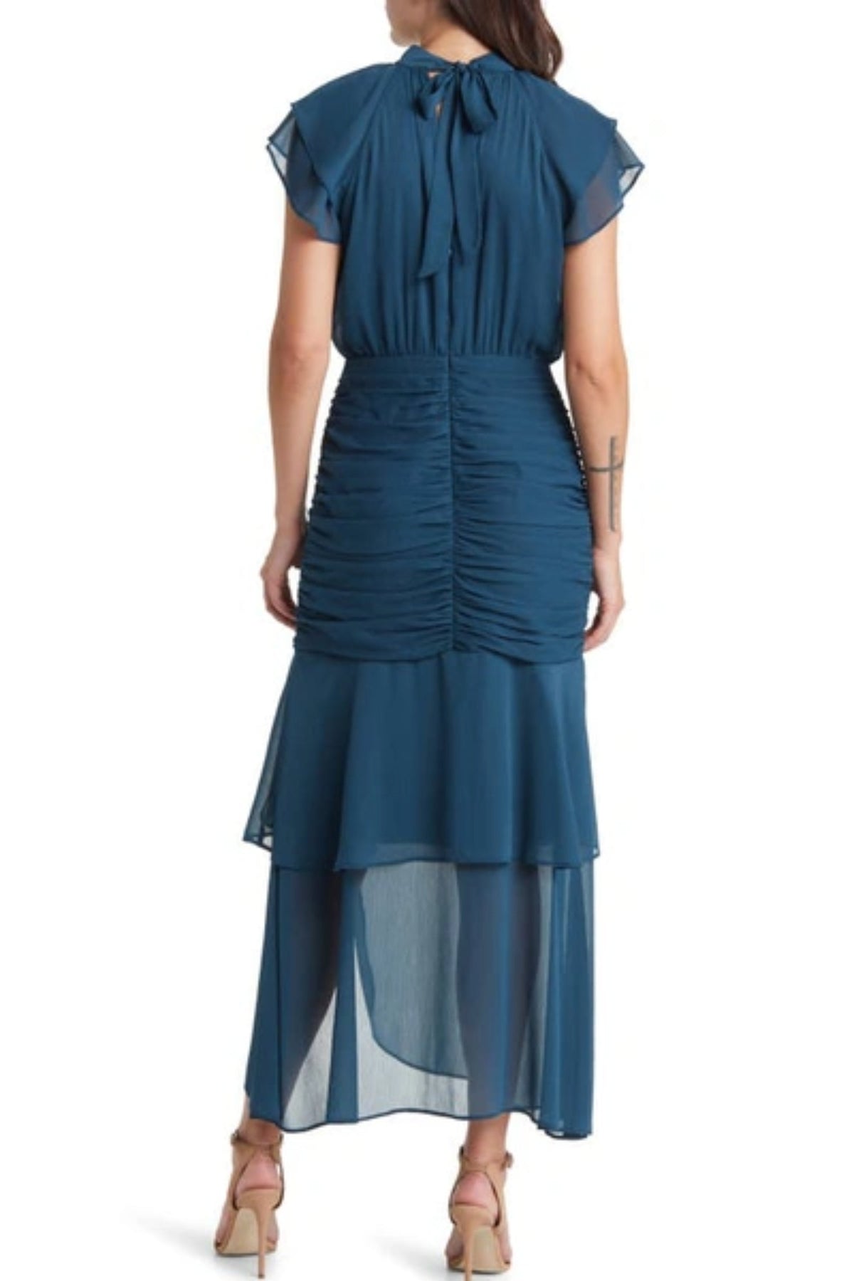Ruched Ruffle Chiffon Maxi Dress In Teal Flowering Girl
