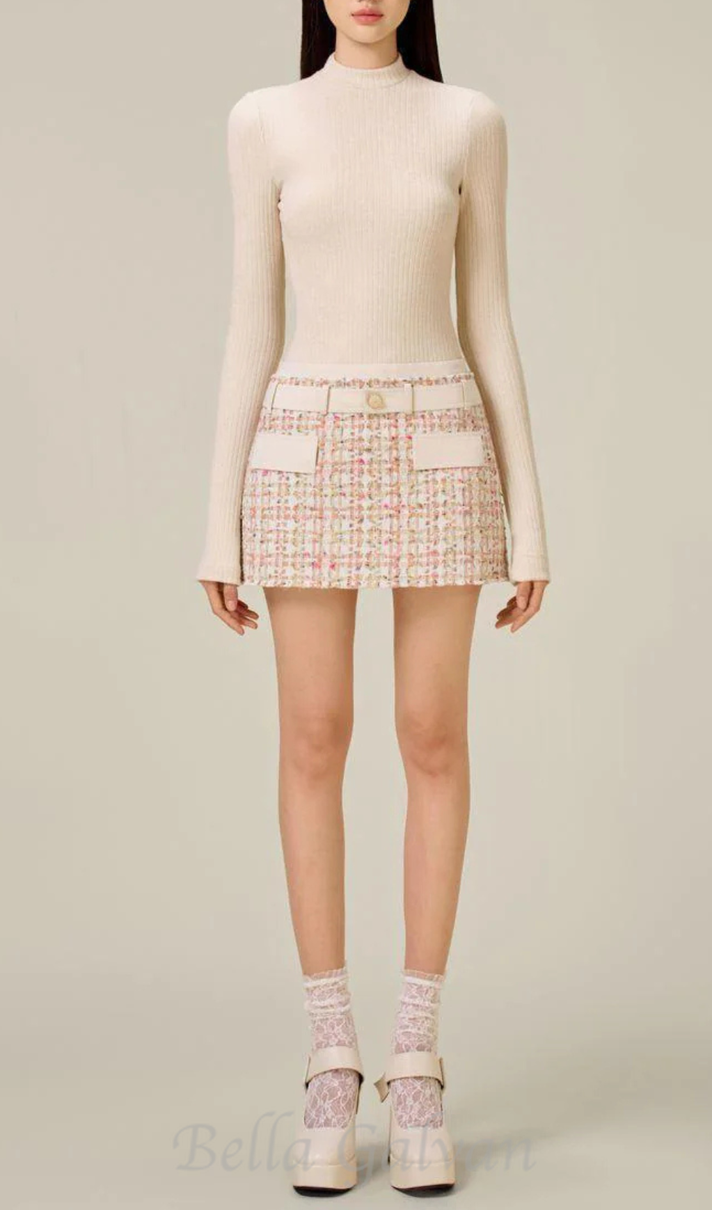 Carlin patchwork Tweed mini skirt in pink Flowering Girl