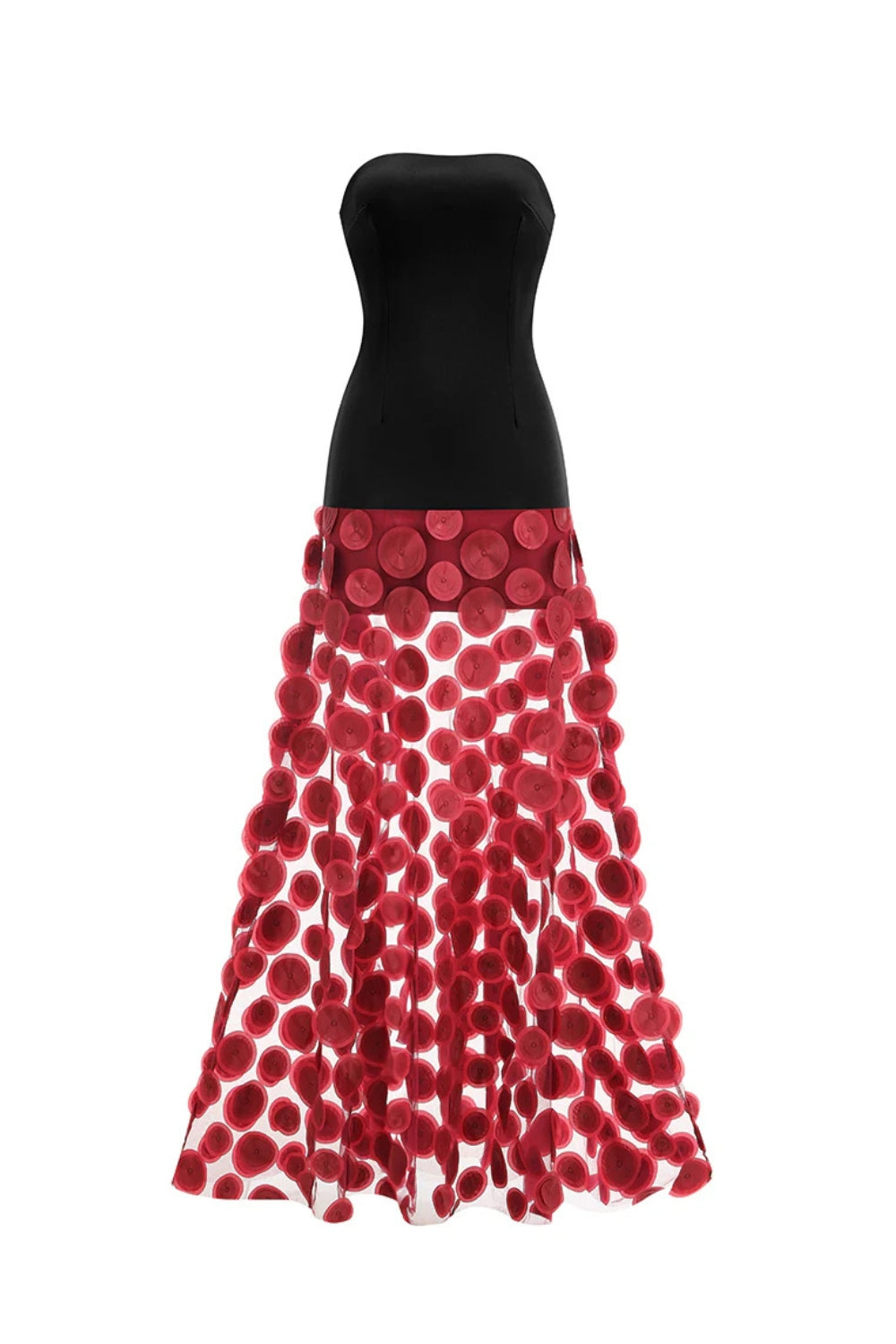 Nodin Strapless Dot Mesh Maxi Dress In Red Flowering Girl