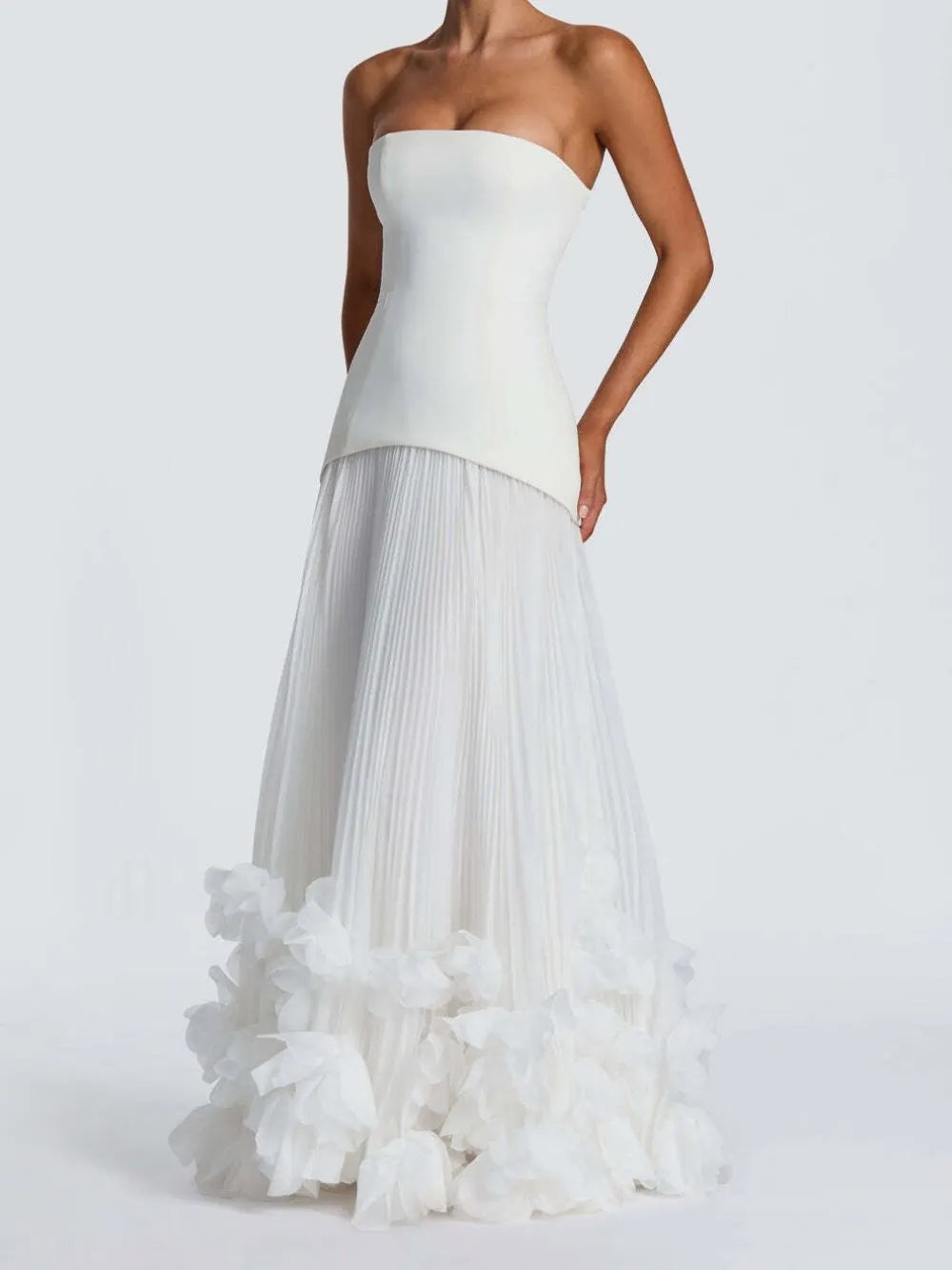 Ovarq Strapless Pleated Flower Maxi Dress In White Flowering Girl