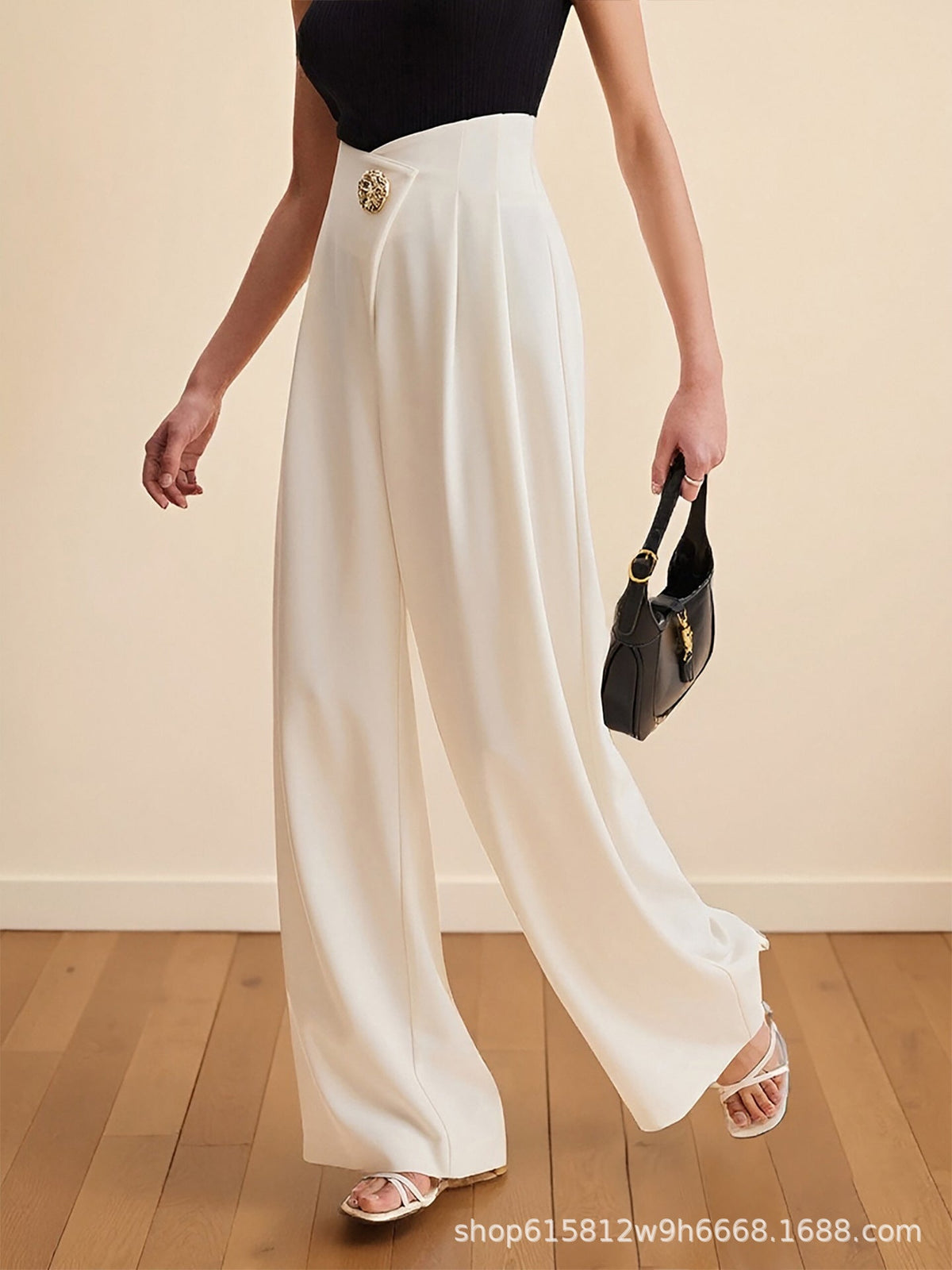 High Waist Wrap Front Gold Ornate Button Wide Leg Trousers Flowering Girl