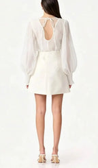 Floral Appliqué Sheer Organza Blouse & Mini Skirt Set - White Flowering Girl