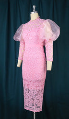 Pink Puff Sleeve Lace Midi Dress Flowering Girl