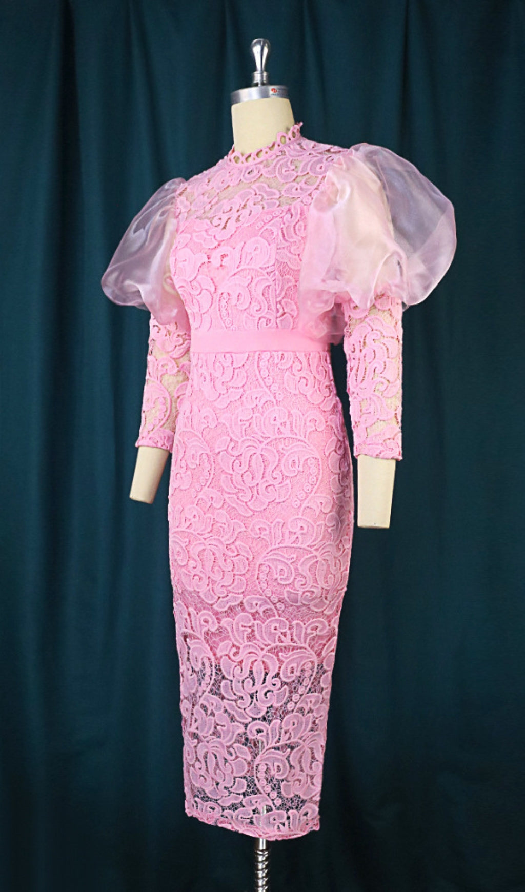 Pink Puff Sleeve Lace Midi Dress Flowering Girl