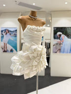 Strapless 3D Floral Satin Mini Dress In White Flowering Girl