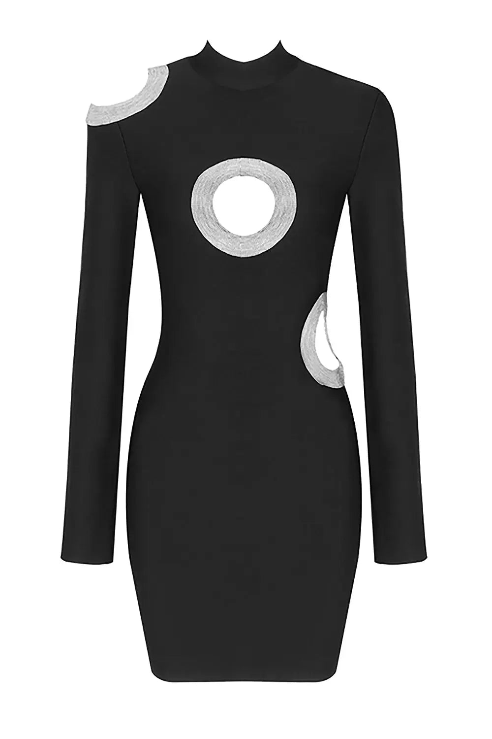 Black Crew Neck Long Sleeve Beaded Cutout Ring Bandage Dress Flowering Girl