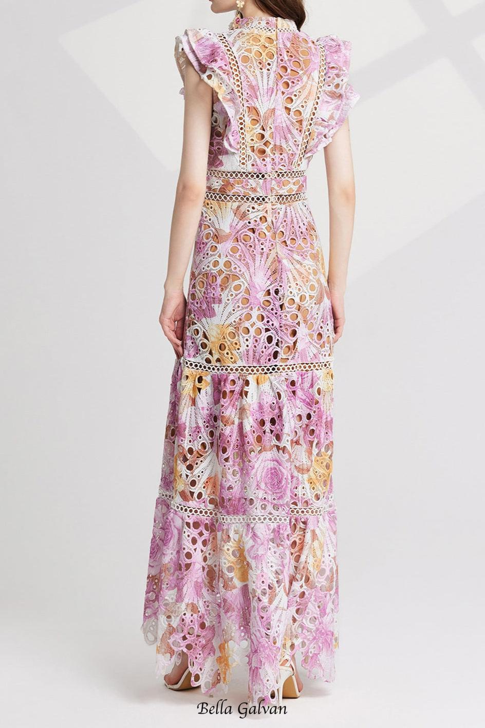 chloe hollow out flower embroidery maxi dress in pink purple Flowering Girl