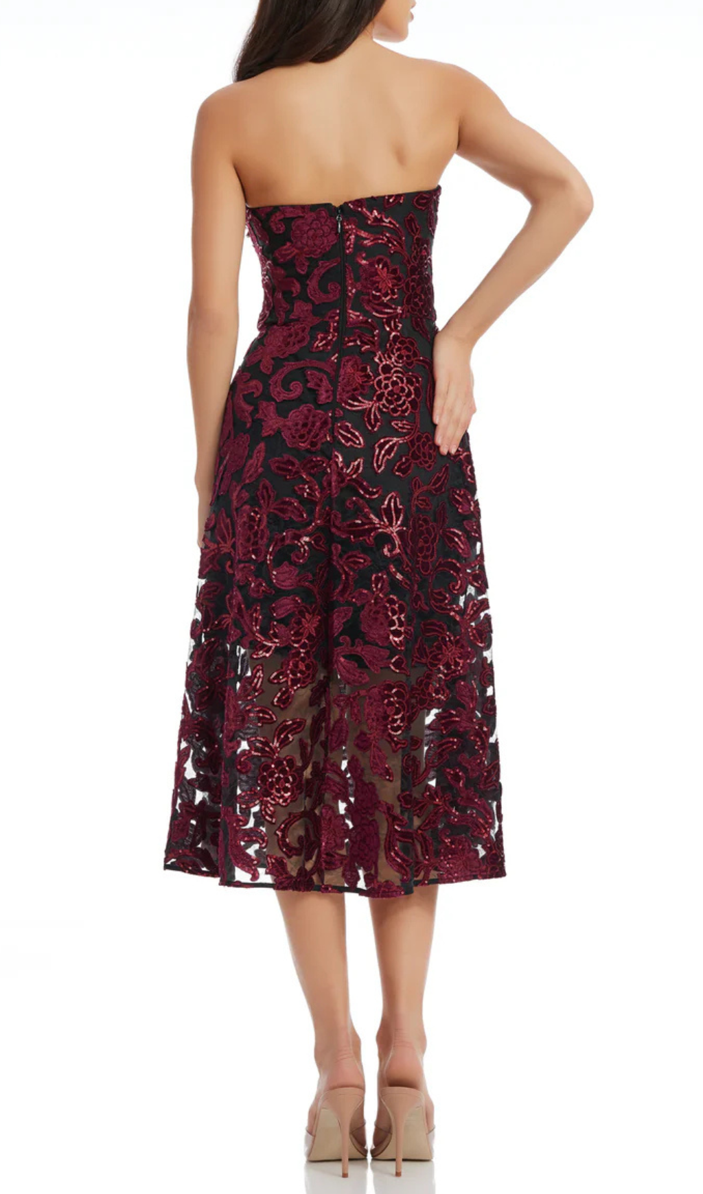 Floral Print Strapless Bustier Midi Dress In Burgundy Flowering Girl