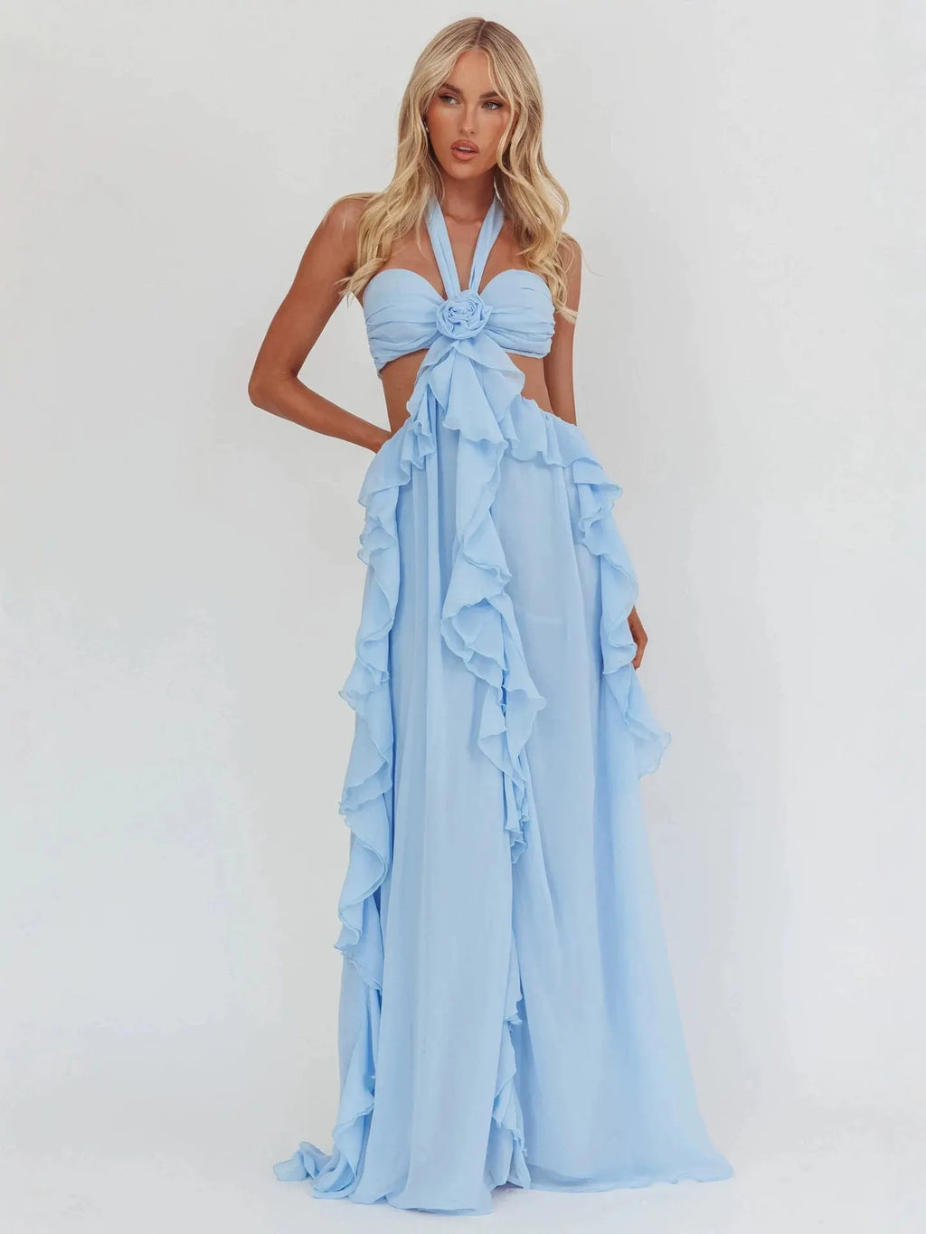 Blue Ruffle Strapless Long Chiffon Dress Flowering Girl