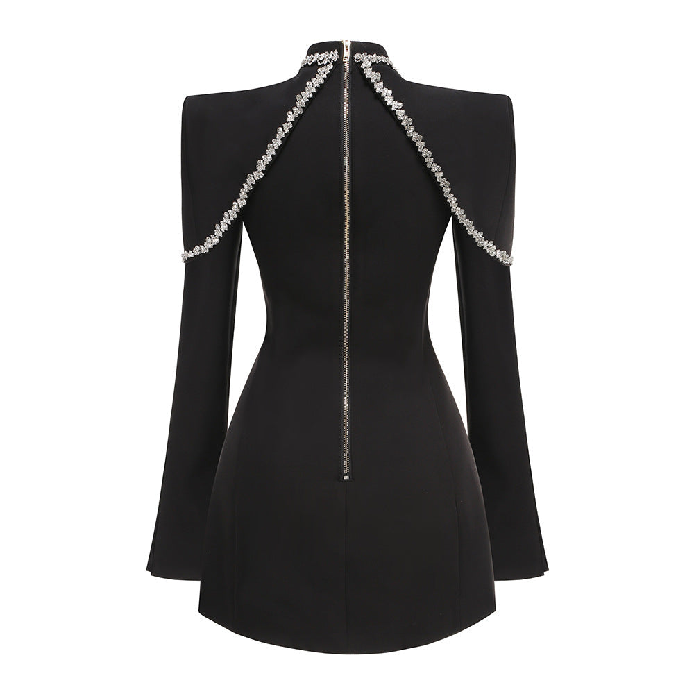 Diamond Chain Embellished Trumpet Sleeve Mini Dress In Black Flowering Girl