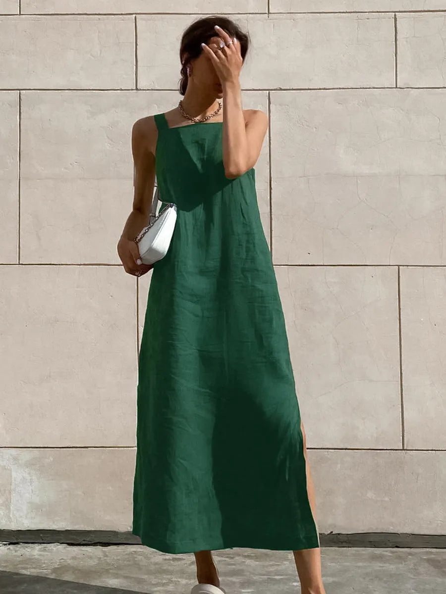 Cotton Linen Side Slit Strap Midi Dress Flowering Girl