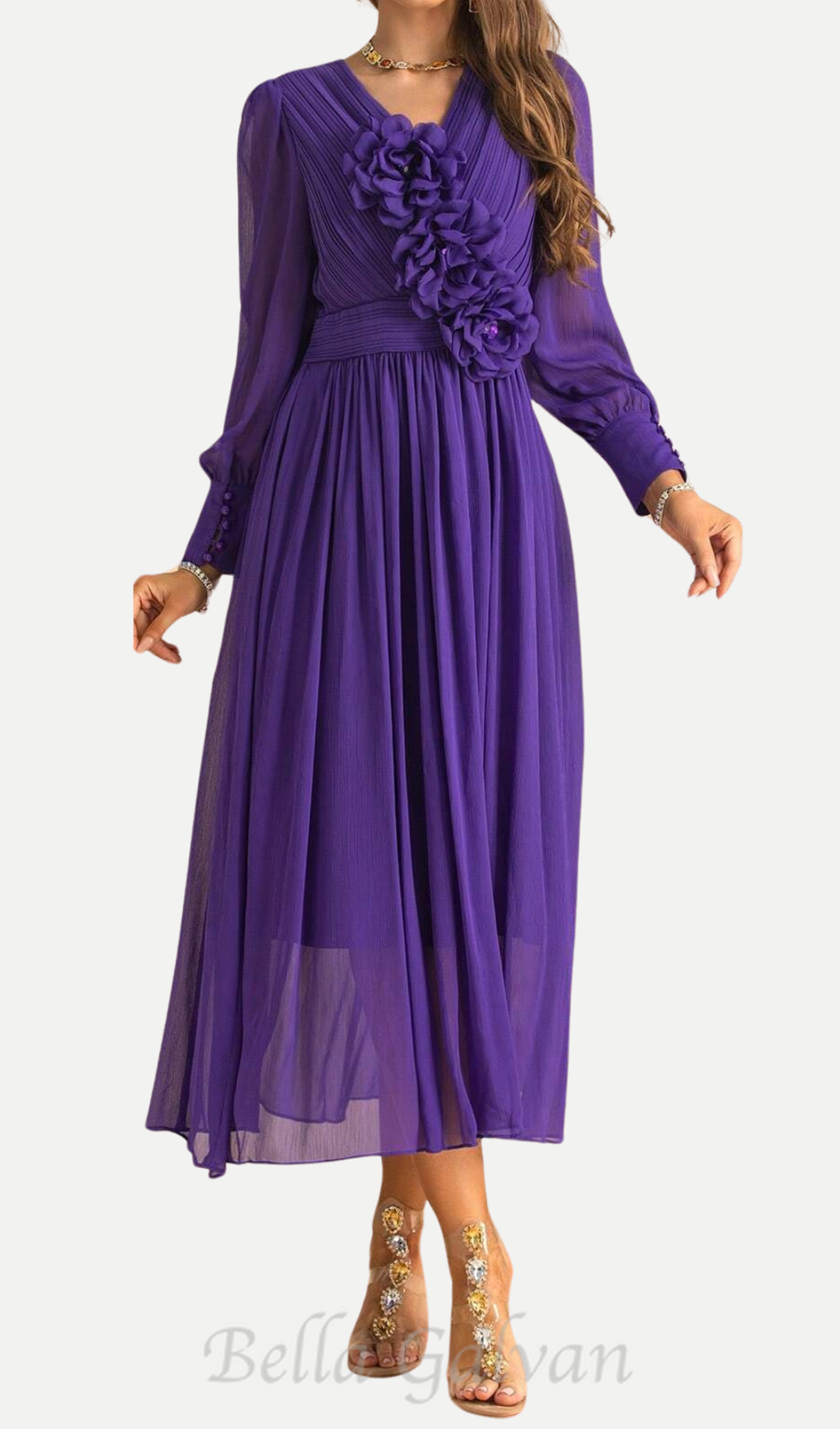 three-dimensional flower v-neck purple chiffon maxi dress Flowering Girl