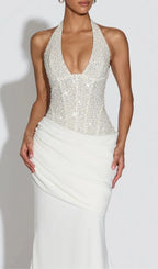 Anisij White Halterneck Sequin Maxi Dress Flowering Girl