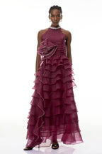 Samantha Red 3D Petal Ruffled Rhinestone Embellished Maxi Dress Flowering Girl