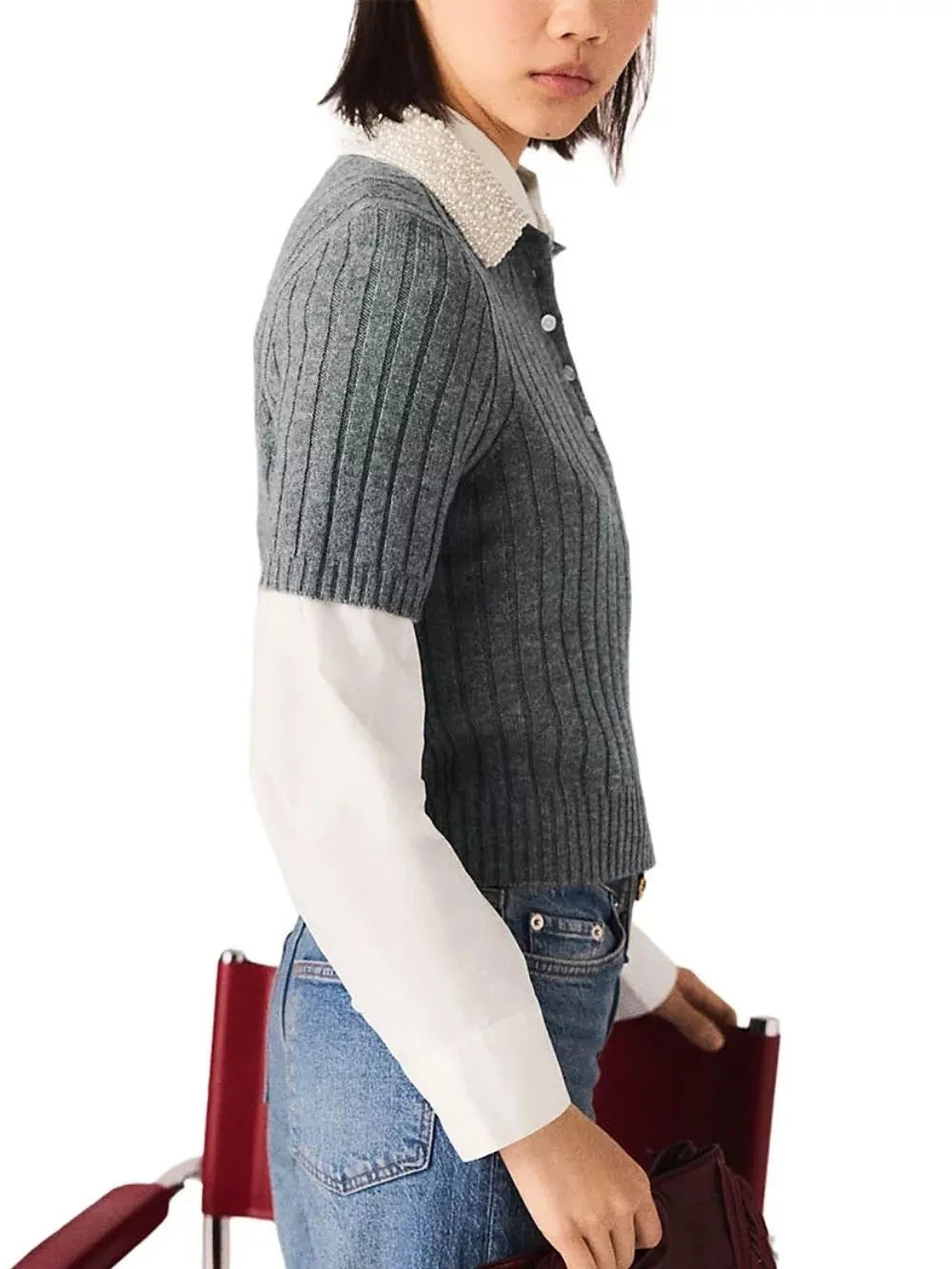 Beaded Collar Ribbed Sweater Flowering Girl