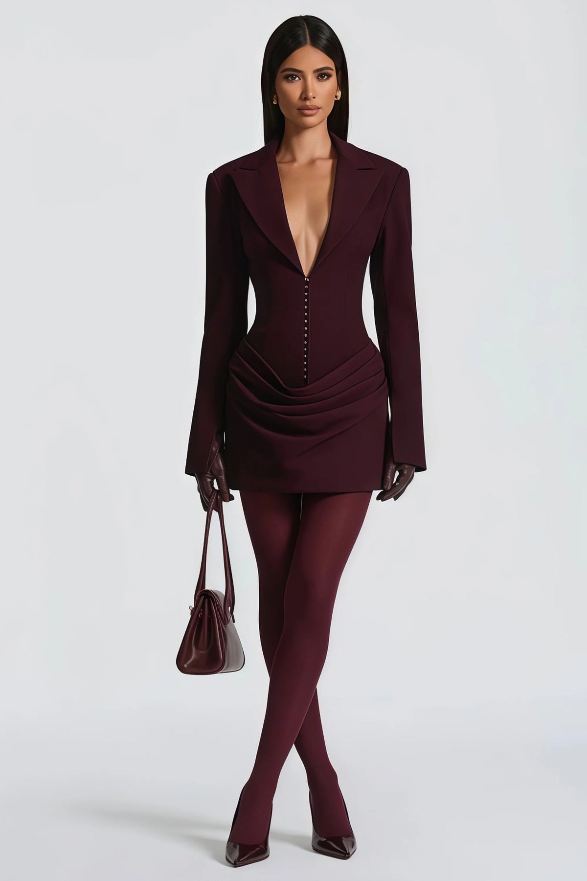 Amelia v-Neck Ruched Blazer Mini Dress In Wine Red Flowering Girl