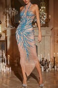 Christene High Neck Rhinestone Dress In Blue Flowering Girl