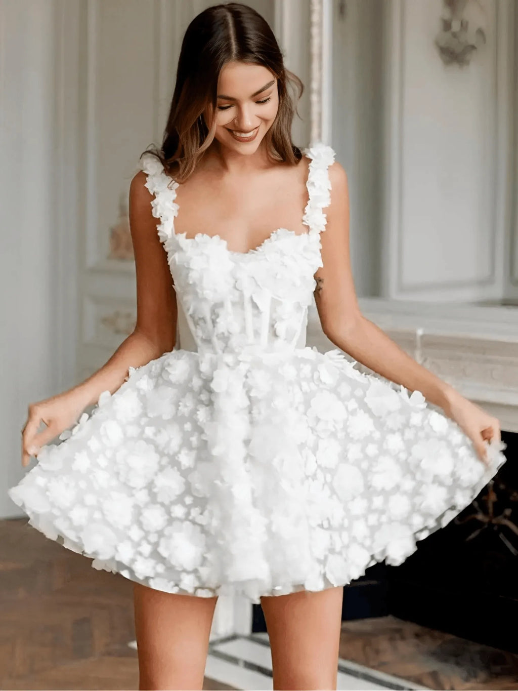 White Flower Lace Embroidery Lace-Up Spaghetti Strap Mini Dress Flowering Girl