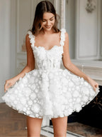 White Flower Lace Embroidery Lace-Up Spaghetti Strap Mini Dress Flowering Girl