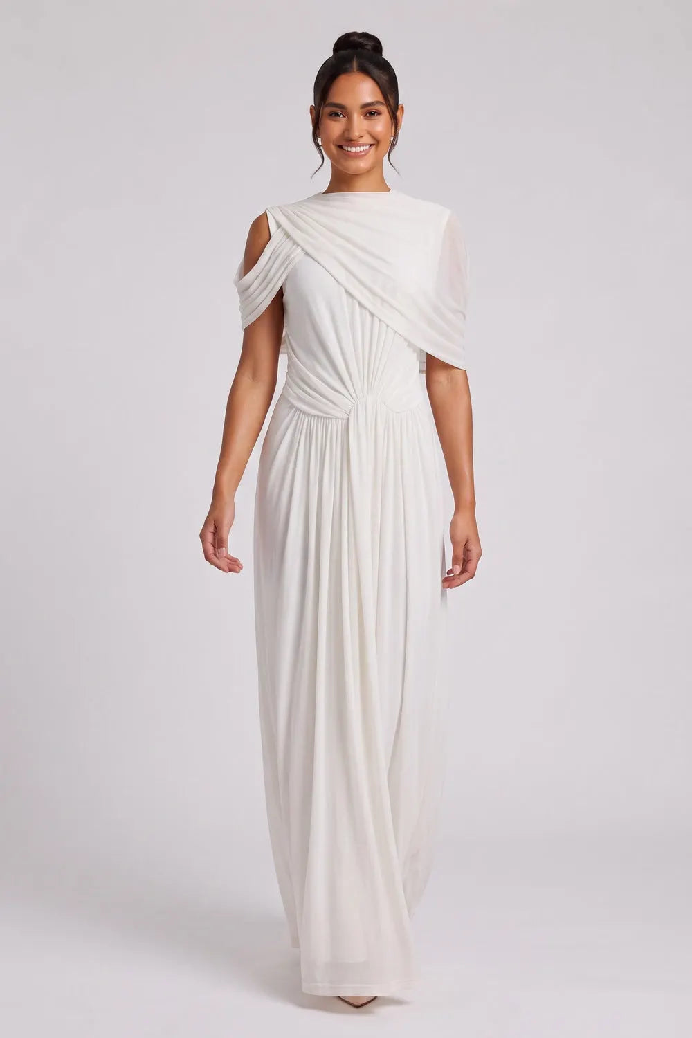 White Draped Maxi Dress with Cold Shoulder Detail Flowering Girl