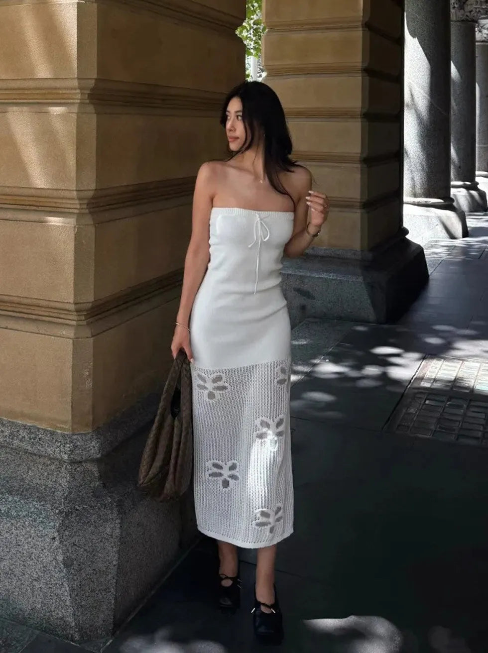 White Strapless Knit Maxi Dress With Butterfly Crochet Hem Flowering Girl