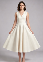 Ivory Textured Woven A-Line Midi Dress with Back Bow Flowering Girl