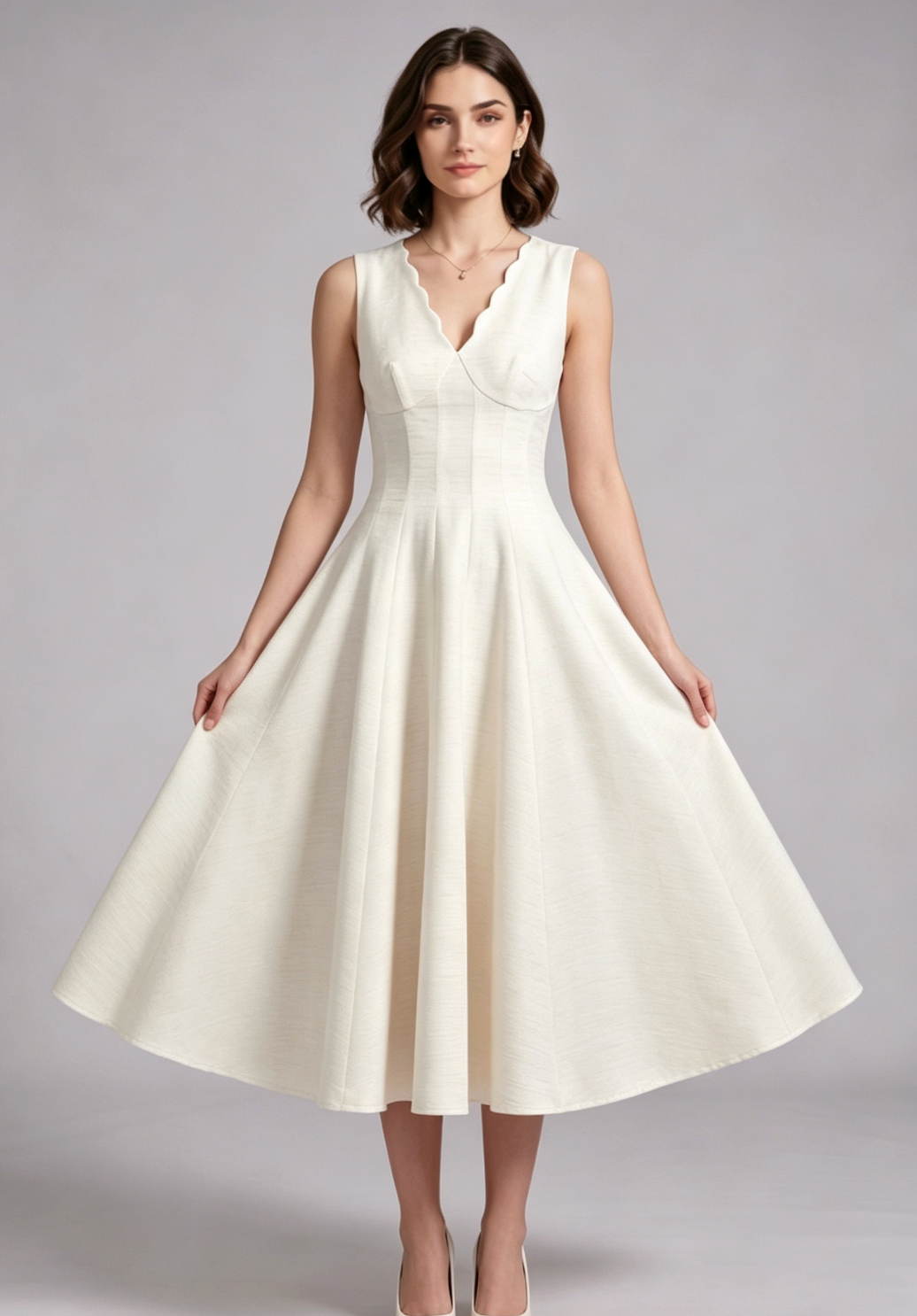 Ivory Textured Woven A-Line Midi Dress with Back Bow Flowering Girl
