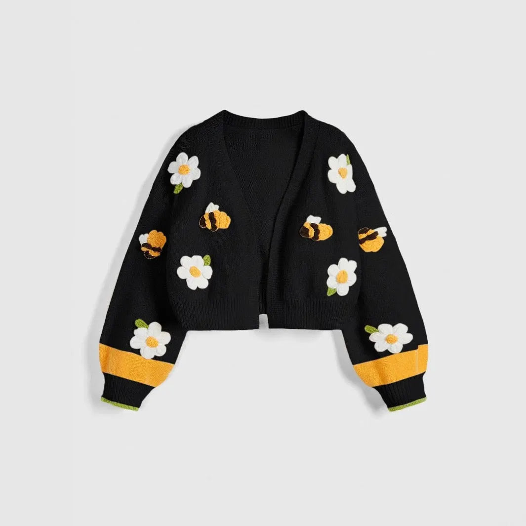 3D Daisy Bee V Neck Long Sleeve Cropped Knit Cardigan Flowering Girl